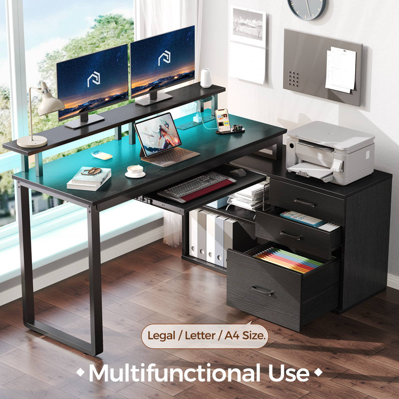 Ivy Bronx Ameliore 55.1" L Shaped Computer Desk with File Drawer, LED